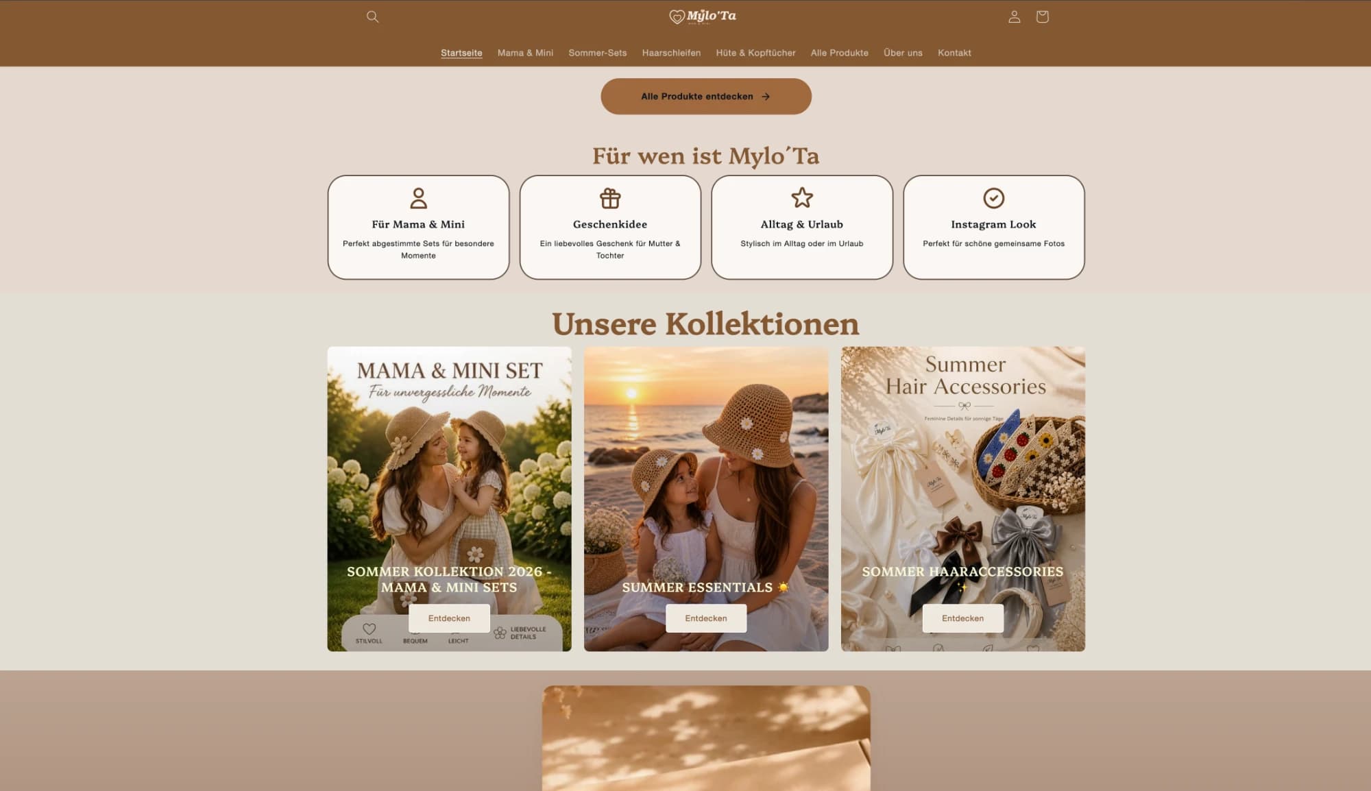 Startseite des Onlineshops Mylo'Ta mit Kollektionen für Mama und Tochter